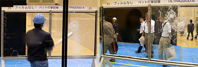 防犯フィルムのバット打撃試験